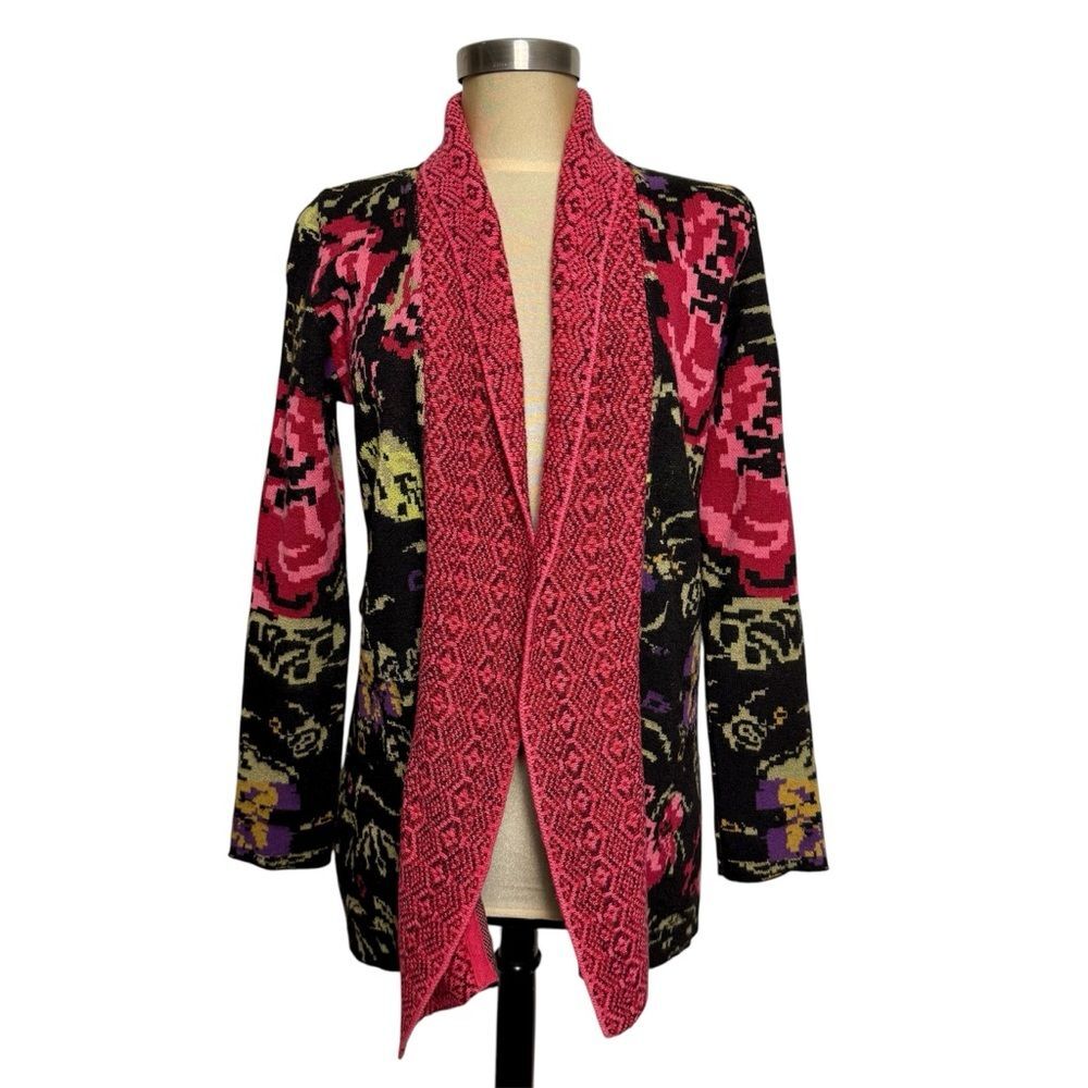 Rapsodia Floral Jacquard Open Front Cardigan Pink Black Boho Artsy Size M